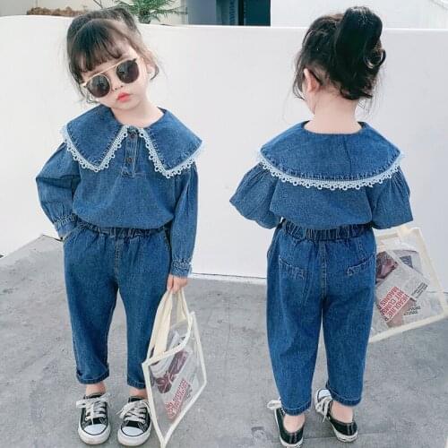 Fashion Teen Girls Tracksuit Denim Jean Clothes Set Lace Turn-down Collar Blouse + Jeans Children Girl Clothing Set 8 10 12 Year