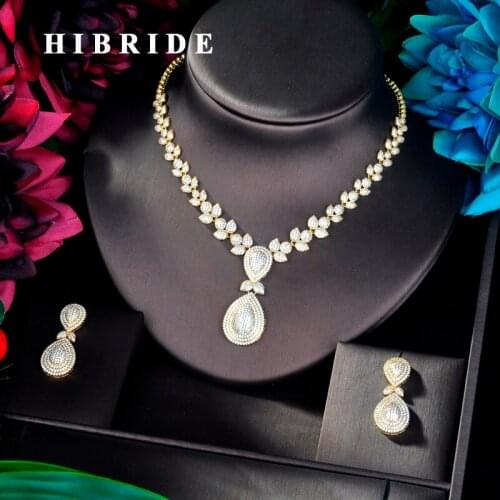 HIBRIDE Fashion Women Pendant Gold Color Bangle Jewelry Set CZ Earrings Necklace Women Bridal Jewelry Set Party Gifts N-914