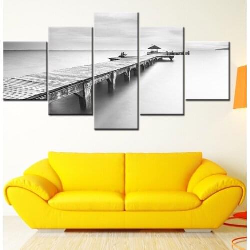 Canvas Painting Black and white sea Wharf 5 Pieces Wall Art Painting Modular Wallpapers Poster Print for living room Home Decor