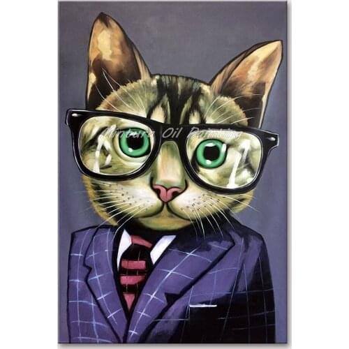 Mintura Hand Painted Oil Paintings on Canvas Gentle Mr. Cat Wall Picture For Living Room Hotel Decor Morden Wall Art No Framed