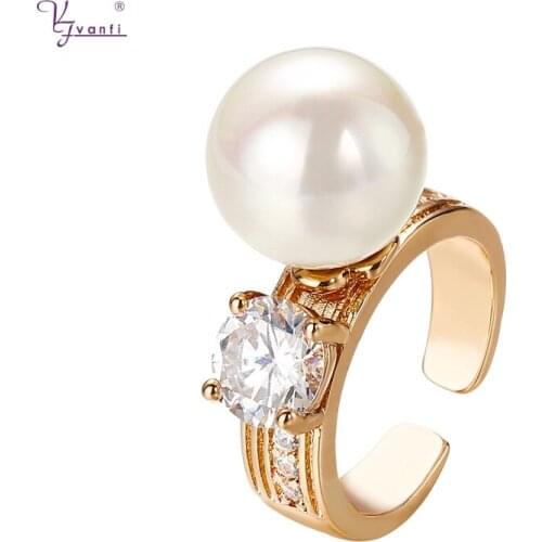 Kfvanfi Fashion Simple Women Jewelry 18 k Rose Gold Cuff RIng Cubic Zircon Peral Finger Ring