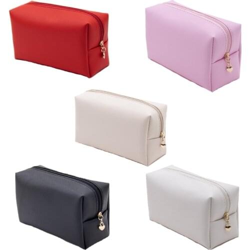 Women Girls Faux Leather Zippered Cosmetic Bag Waterproof Small Pouch Solid Color Makeup Case Purse Toiletry Organizer for