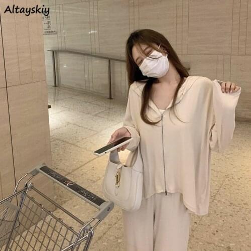 Jackets Women Simple Leisure Homewear with Hat Zipper Summer Harajuku Loose Solid All-match Long Sleeve Outwear V-neck Baggy Ins