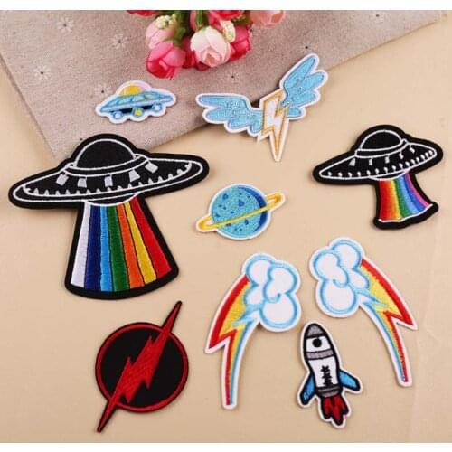 Fashion embroidery badge DIY color spaceship lightning rocket clothes decorative patches stick