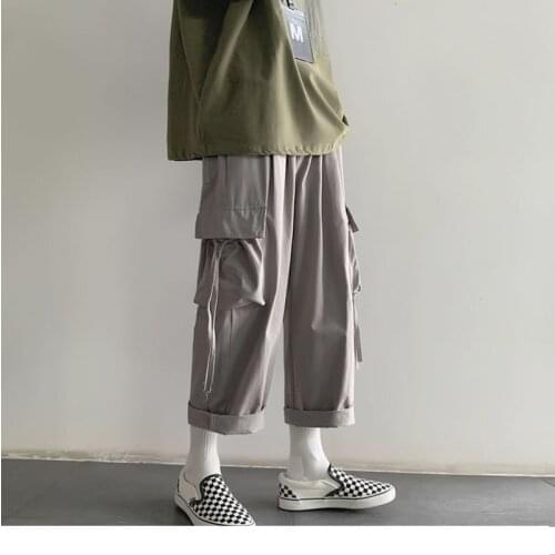 Mens Casual Wide Leg Pants Side Big Pocket Men Harem Pants 2021 Solid Color Man Loose Straight Pants Streetwear