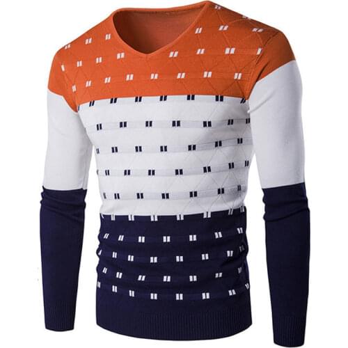 2020 Spring Autumn Mens Patchwork Sweater Cotton Thin Slim V-neck Pullover Simple Warmer Comfortable Outware Clothing