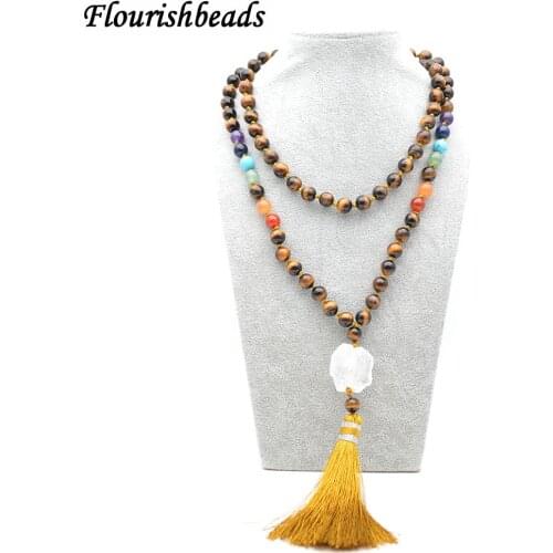 Natural Yellow Tiger Eye Stone Round Beads Long Chains Rough Crystal Nugget Pendant Tassel Chakra Necklace Fashion Party Jewelry