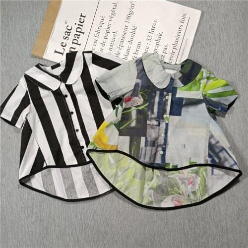 2020 spring and summer new girls shirt black and white vertical stripes print pattern lapel short-sleeved shirt
