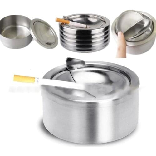 1pc Cigarette Lidded Ashtray Stainless Steel Silver Windproof Ashtray With Lid Round Shape Smoking Ash Tray