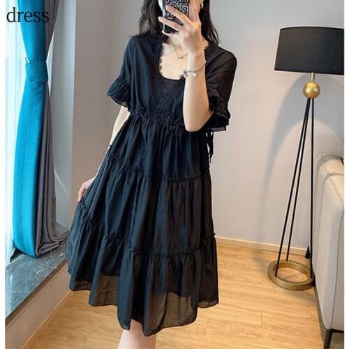 2021V-neck black dress summer new style slim waist lace small black dress womens European goods European station