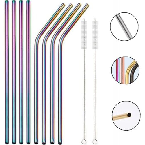 Rainbow Color Reusable Metal Straws Set with Cleaner Brush 304 Stainless Steel Drinking Straw Milk Drinkware Bar Party Accessory