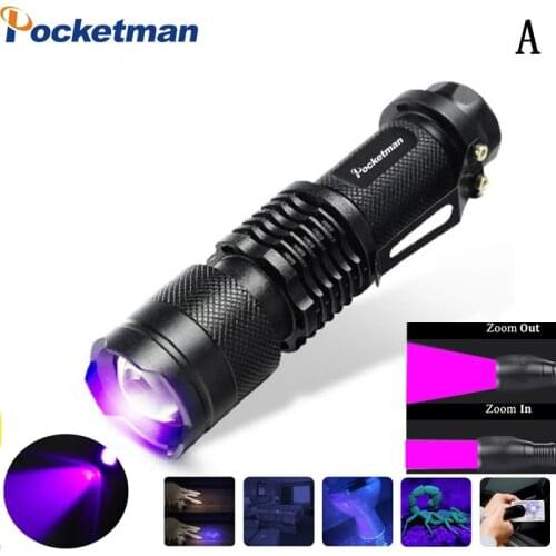 UV flashlight LED Mini Torch Telescopic Zoom Ultra Violet Light UV Black Light Pet Urine Stains Detector Scorpion Hunting