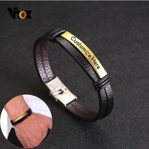 Vnox Casual Layered Leather Bracelet Customized Stainless Steel ID Bar Bangle for Men Women Personalize Wristband