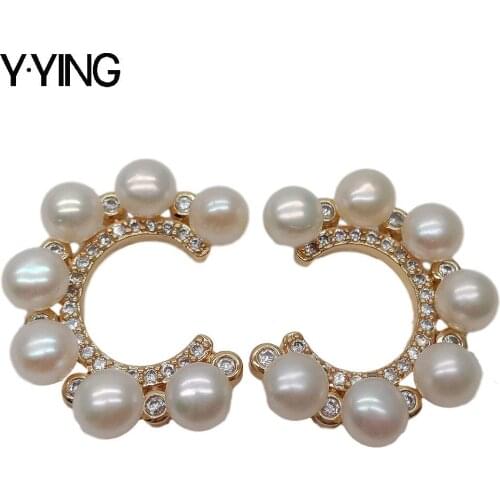 Y·YING Freshwater White Pearl Cubic Zirconia Pave C Type Stud Earrings luxury style wedding for women