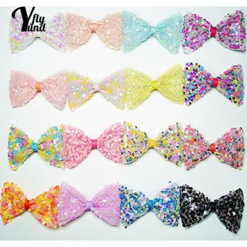 Yundfly 5 Inches Colorful Sequins Bows Bangs Hairpin Infant Candy Color Bowknot Duckbill Clip Baby Hair Accessories Holiday Gift