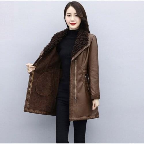 Womens Leather Jacket Slim Korean Winter Motorcycle Clothing Mid-Length Stitching Lambswool Chic Warm Suit Collar Blazer y1309