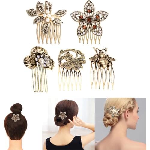 Vintage Rhinestones Hair Comb Alloy Flower Hairgrips Hairpin Pearl Hair Clip Barrettes Women Hair Accessories Ponytail Holder