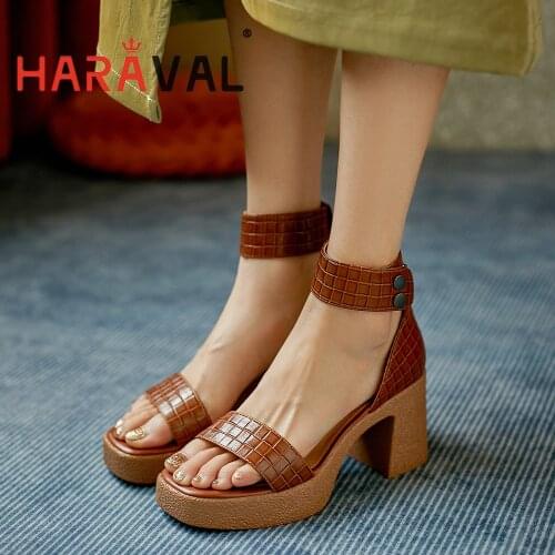 HARAVAL Women Sandals Shoes Fashion Elegant High Heels Thick Bottom Waterproof Platform Genuine Leather Shoes Women FootwearB111
