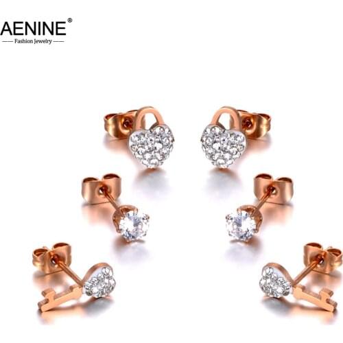 AENINE Trendy Office/Career Stainless Steel Lock & Key Rhinestone Earrings 3Pair/Set Crystal Earrings For Women Girls AE20037