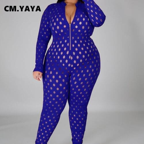 CM.YAYA Women Jumpsuit Hole Solid Zip Full Sleeve Sheath Elastic Ankle Length Pencil Jumpsuits Sexy Night Club Clothes Spring