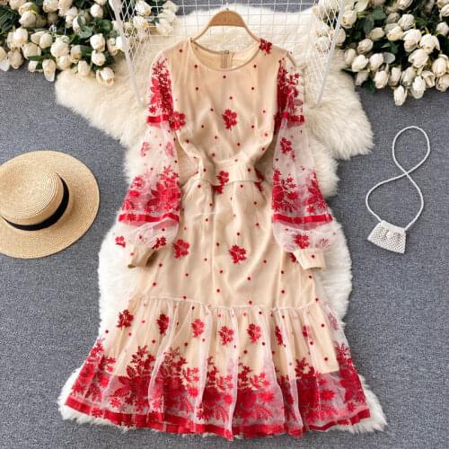 Banulin Women Christmas Red Flower Emberoidery Mesh Dress Spring Autumn Long Lantern Sleeve Ruffles Midi Dress Robe Femme