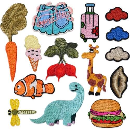 50pcs/lot Embroidery Patch Dragonfly Dinosaur Animal Radish Cloud Lip Shorts Clothing Decoration Iron Heat Transfer Applique