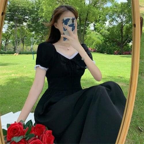 French Retro Long Fairy Dress Women Square Collar Splicing Female Puff Sleeve Elegant Dress Summer Ladies Wedding Party Clothes
