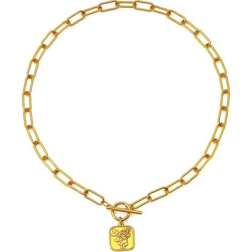 Geo Floral Medallion Necklace Stainless Steel Toggle Necklaces For Women Titanium18K Gold Metal Rose Flower Pendant Kette Collar