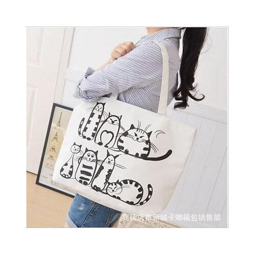Cartoon Cats Print Zipper Bag Canvas Shoulder Bag Messenger Purse Satchel Tote Shopping Handbag