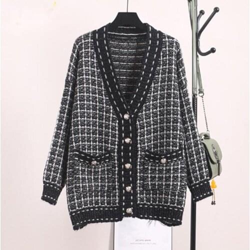 Ladies Long Sweater Checkered Button V-neck Knit Jacket Elegant Cardigan Pocket Loose Knitted Sweater 2021 Fall Winter New