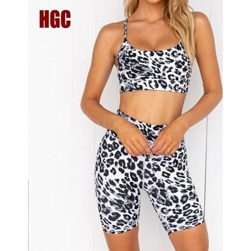 HGC Yoga Set Women Gym Clothes 2Pcs Workout Sportwear Sport Bra And Short Push-up Fashion Elastic Leopard Print Fitness Suit