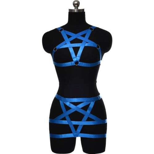 Royal Blue Harness Body Cage Hollow Elastic Adjust Sexy Lingerie Set Fashion Rave Dance Costume Pentagram Body Harness