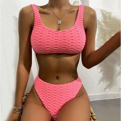 2021 Womens Swimsuit Sexy Bikinis Solid Color Bubble Swimming Suit Push Up Padded High Waist Bikini Set Summer Bathing Suit