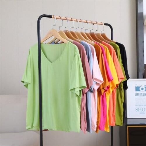 Summer Womens Cotton Silk T Shirt Pajama Short Sleeve Solid Color Collision Candy Top Large Size Loose V-Neck Outside Pajamas