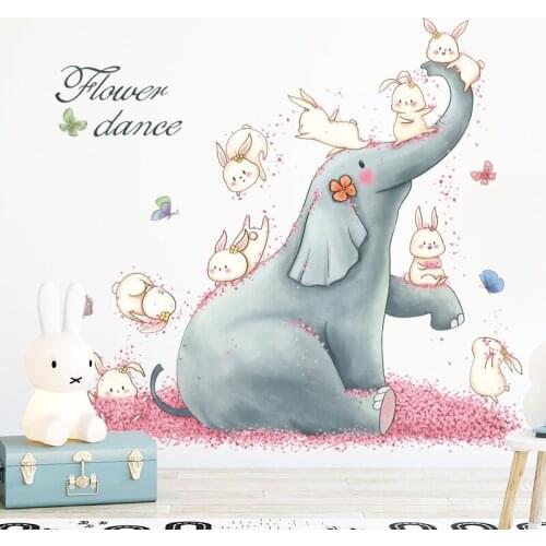 Cartoon Blue Elephant With Cute Bunnies Wall Sticker Flower Dance Wallpaper Home Decor For Kids Living Room Bedroom Wall Mural