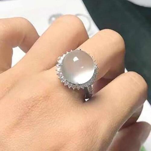 New silver natural jadeite associated stone water foam jade advanced sense craft men and women couples opening adjustable ring