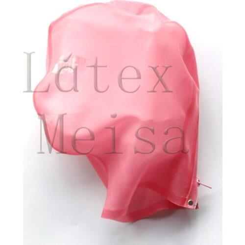 Handmade rubber masks adults latex hoods in transparent pink color with back zip
