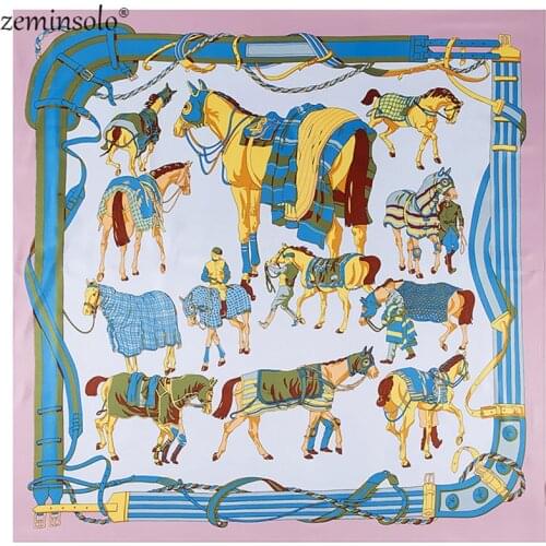 Luxury Brand 130x130cm Women Bandana Square Silk Scarf Horses Printed Head Scarves Stoles Women 100% Silk Scarfs Shawls Wraps