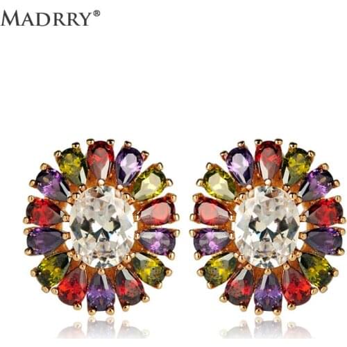 Madrry Oval Shape Zirconia Stones Stud Earrings For Women Girls Gathering Jewelry Six Color Copper Wedding Earring Piercing