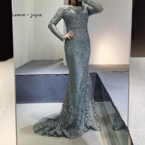 Lemon joyce Green Muslim Evening Dresses 2020 Long Sleeves Elegant O-Neck Embroidery Mermaid Evening Gowns Plus Size
