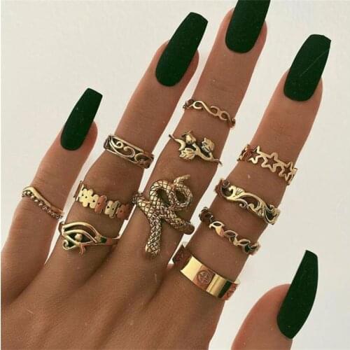 KMVEXO 11Pcs/Set Vintage Boho Snake Flower Finger Rings Set Punk Bohemia Cross Star Crystal Ring for Women Party Jewelry Anillos