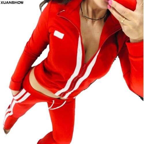 XUANSHOW Autumn Women 2 Piece Zipper Striped Coat and Long Pant Suits Tracksuit Sweatsuit Jogging Two Piece Set Athleisure Wear