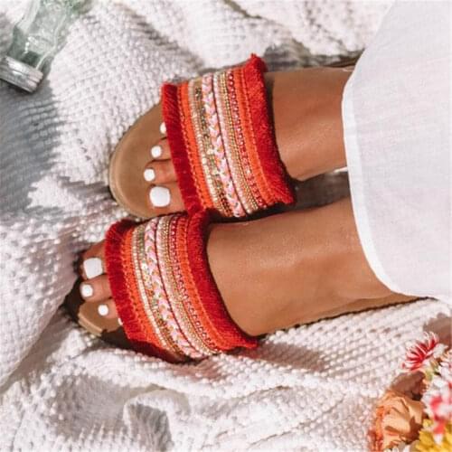 Roman Style Summer Slippers Womens Flat Fringe Embroidery Sequins Sandals Beach Slippers Ladies Outdoor Drop Shipping Fulfill