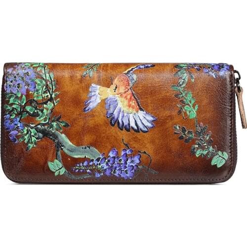 Vintage Women Genuine Leather Clutch Wallets Female Bird Long Purse Lady Cowhide Leather Phone Bag Wallet