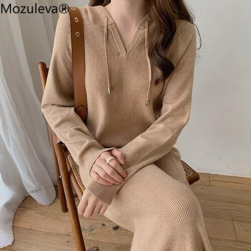 Mozuleva Autumn Winter Women Dress 2021 Hooded Knitted Midi Dresses for Women Long Sleeve Loose Female Sweater Vestidos 2021