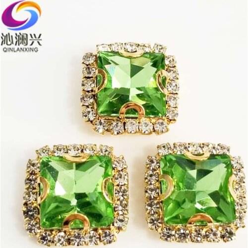 Golden bottom Light green square shape top Crystal glass buckle, sew on rhinestones use for Diy/jewelry accessories SQKG15