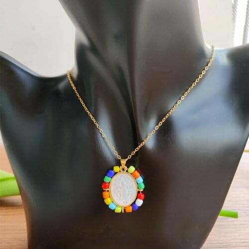 1pc Promotions!! Natural MOP 24x29mm San Benito&Virgin of Guadalupe Mother Pearl Necklace with Colorful Glass Bead Necklace