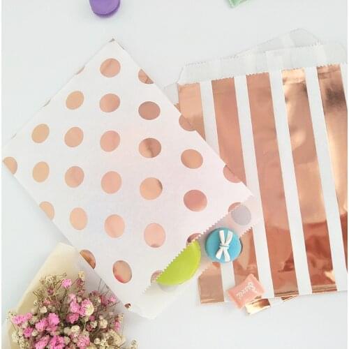 100pcs Party Bags Rose Gold Dot Paper Grocery Packaging Lunch Flat Bottom Craft Paper Bags Boxes for Graduation Kids Party