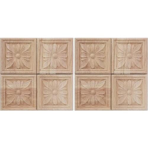 8Pcs Wood Carved Applique Onlay Carving Checkered Unpainted Flower Pattern Decal For Cabinet Door Furniture Decoration
