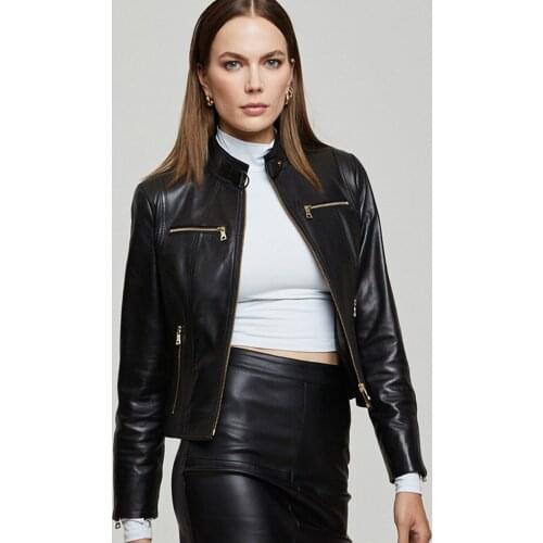 Women Genuine Sheepskin Biker Jacket Spring Autumn Outerwear Fashion Slim Fit Leather Coats Casual Wear Waterproof